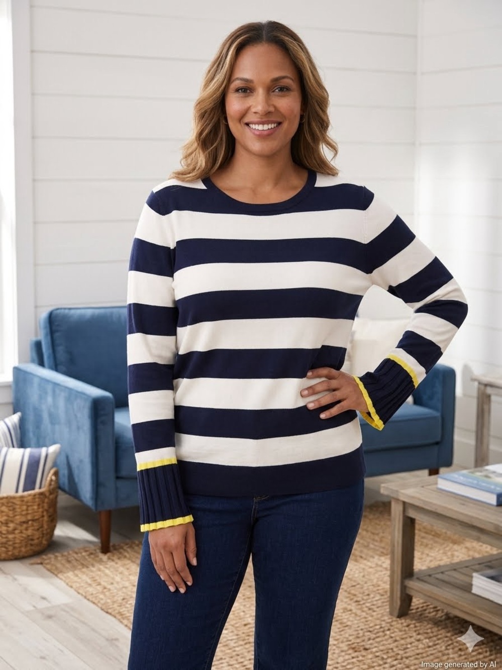 Talbots LP Striped Preppy TippedCuff Flounce Sleeves Pullover Crewneck Sweater